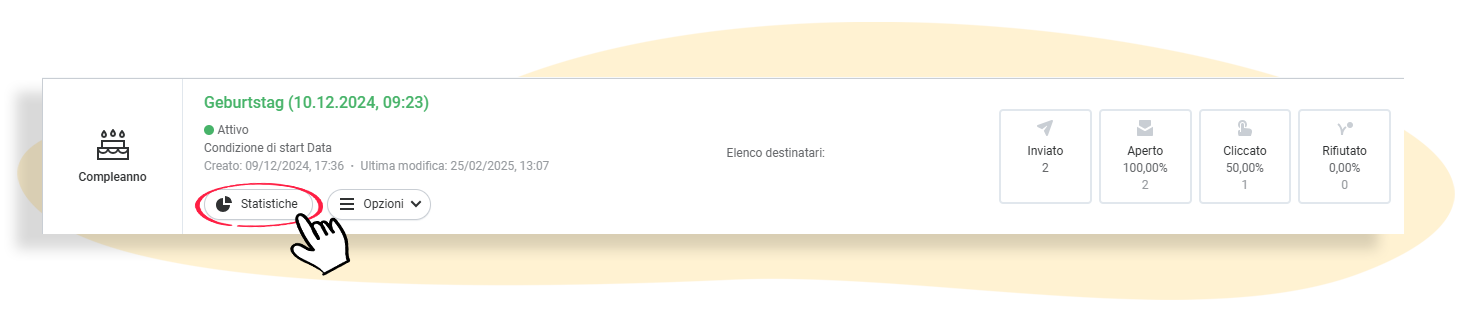 Selezionare l'opzione Statistiche nell'overview